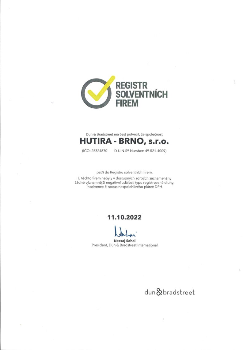 Registr solventních firem – obnovený certifikát | HUTIRA