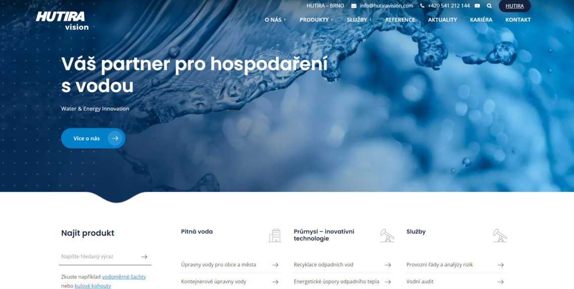 Nový design webu HUTIRA – VISION v barvách značky HUTIRA. S novým webem přichází i nabídka inovativních řešení pro hospodaření s vodou v průmyslu. | HUTIRA