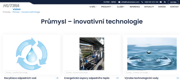 Nový design webu HUTIRA – VISION v barvách značky HUTIRA. S novým webem přichází i nabídka inovativních řešení pro hospodaření s vodou v průmyslu. | HUTIRA